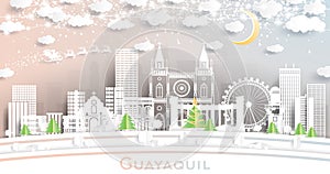 Guayaquil Ecuador City Skyline in Paper Cut Style with Snowflakes, Moon and Neon Garland