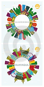 Guayaquil Ecuador and Salvador de Bahia City Skyline set with Color Buildings, Blue Sky and Copy Space. Travel and Tourism Concept