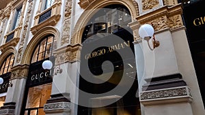 Gucci and Giorgio Armani boutiques in Galleria Vittorio Emanuele Milan, fashion