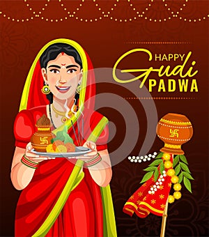 Vector of Gudi Padwa spring festival for traditional New Year for Marathi celebrated in Maharashtra poster design template