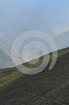 Gudiyalchay river and glacial valley near Shahdag National Park, Azerbaijan, in the Greater Caucasus range