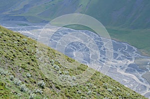 Gudiyalchay river and glacial valley near Shahdag National Park, Azerbaijan, in the Greater Caucasus range