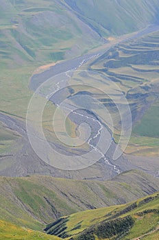 Gudiyalchay river and glacial valley near Shahdag National Park, Azerbaijan, in the Greater Caucasus range