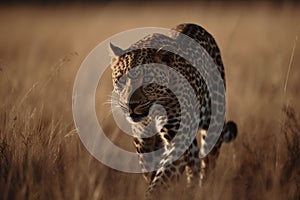 a guepard walking silently on the african grasslands at sunset