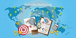 Guerilla marketing concept with world map and graph chart goals target photo