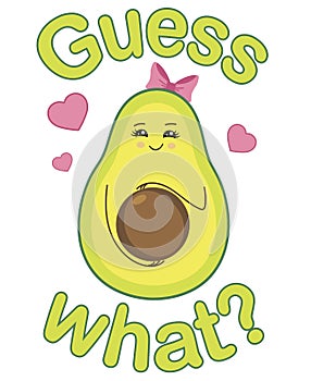 Guess what? Pregnancy announcement print design. Smiling avocado pointing at round belly. Pink hearts. Pregnant woman. Surprise. E