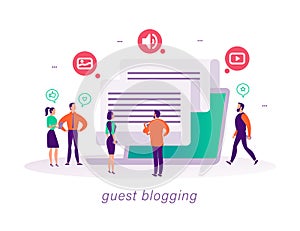 Guest blogging concept with tiny people, laptop and social media review and feedback icons.