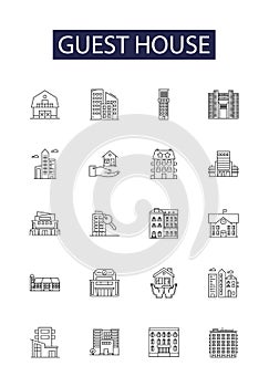 Guest house line vector icons and signs. bed-and-breakfast, inn, lodge, hostel, accommodation, cottage, villa, chalet