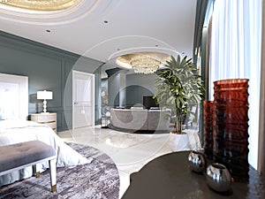 Guest room in a luxurious new hotel with open space, a bedroom and a living room lounge