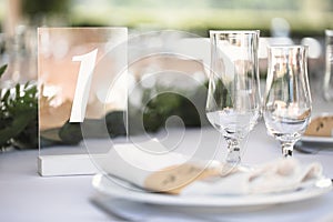 Guest table number. Wedding table in the restaurant
