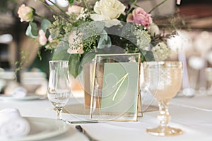Guest table number. Wedding table in the restaurant