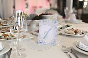 Guest table number. Wedding table in the restaurant.