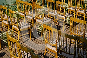 Guests chairs and decorations with lake environment