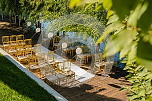 Guests chairs and decorations with lake environment