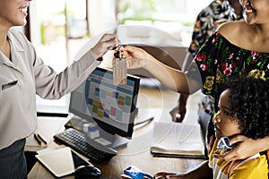 Guests checking in to a resort