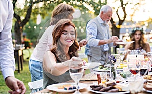 Guests eating at the wedding reception outside in the backyard.