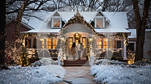 Guests standing at The Front Door of A Beautifully Decorated Christmas Themed House on A Winter Evening