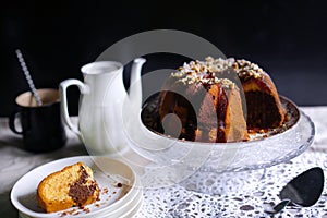Gugelhupf bundt marble cake with caramel and nuts