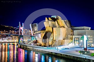 Guggenheim Museum in Bilbao at night, Spain