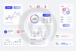 GUI elements for cryptocurrency mobile app. Cryptocurrency mining, exchange and stock trading user interface generator. Unique ui