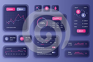 GUI elements for cryptocurrency mobile app. Cryptocurrency mining, exchange and stock trading user interface generator. Unique ui