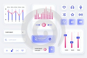 GUI elements for music player mobile app. Audio equalizer settings, playlist navigation, search bar user interface generator.