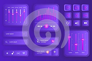 GUI elements for music player mobile app. Audio equalizer settings, playlist navigation, search bar user interface generator.
