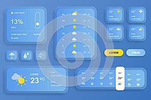 GUI elements for weather forecast mobile app. Temperature, atmospheric pressure, weather condition user interface generator. Ui ux