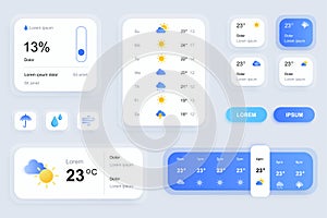 GUI elements for weather forecast mobile app. Temperature, atmospheric pressure, weather condition user interface generator. Ui ux