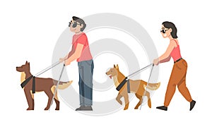 Guide Dog with Blind Man and Woman as Trained Assistance Pet and Seeing Eye Vector Set