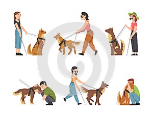 Guide Dog with Blind Man and Woman as Trained Assistance Pet and Seeing Eye Vector Set
