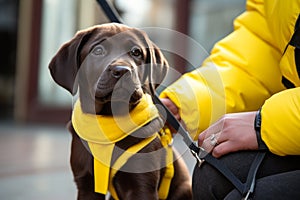 A guide dog helps a blind man on the street generative ai