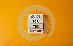 Guide for the future symbol. Wooden blocks with words Guide for the future. Beautiful orange background. Business and Guide for