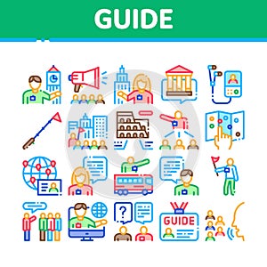 Guide Lead Traveler Collection Icons Set Vector