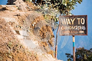 Guide post â€œway to Chhomrongâ€ on the way to Annapurna base c