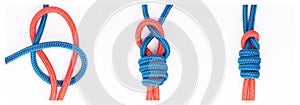 Guide, steps or how to tie knot on white background in studio for security or safety instruction. Material, ropes and