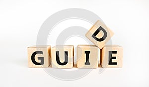 Guide and support symbol. The concept word `guide` on wooden cubes on a beautiful white table. White background. Business and