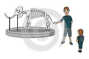 The guide during a tour of the museum shows the skeleton of a mammoth. human characters of visitors. vector illustration