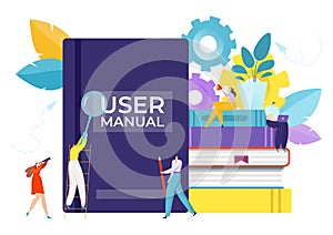 Guide for user manual book, vector illustration. Information instruction at flat service, guidance tutorial in cartoon
