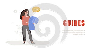 Guides concept. Female character with user manual. Woman reading user agreement, terms and conditions. FAQ or customer