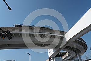 A guideway bus system or guided busway, Yutorito line, track near Ozone station in Nagoya, Japan