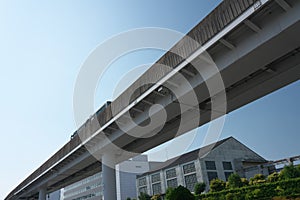 A guideway bus system or guided busway, Yutorito line, track near Ozone station in Nagoya, Japan