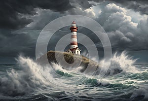 Guiding Beacon: Lighthouse on a Stormy Beach, Towering Amidst Crashing Waves