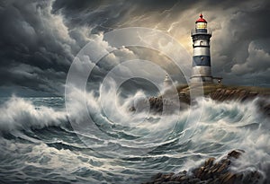 Guiding Beacon: Lighthouse on a Stormy Beach, Towering Amidst Crashing Waves