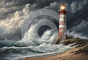 Guiding Beacon: Lighthouse on a Stormy Beach, Towering Amidst Crashing Waves