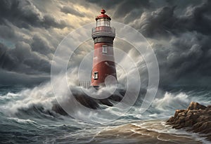 Guiding Beacon: Lighthouse on a Stormy Beach, Towering Amidst Crashing Waves