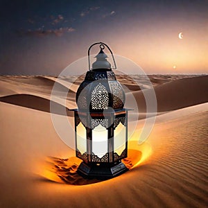 Guiding light: the enchanting glow of a lantern on sand