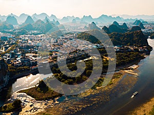 Guilin aerial view with Li river and rock formations in China