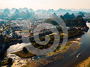 Guilin aerial view with Li river and rock formations in China photo