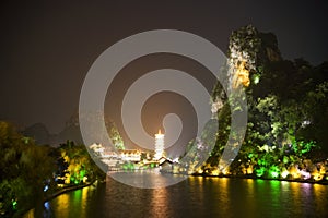 Guilin's Mulong Lake and Dai Cai Hill at Night